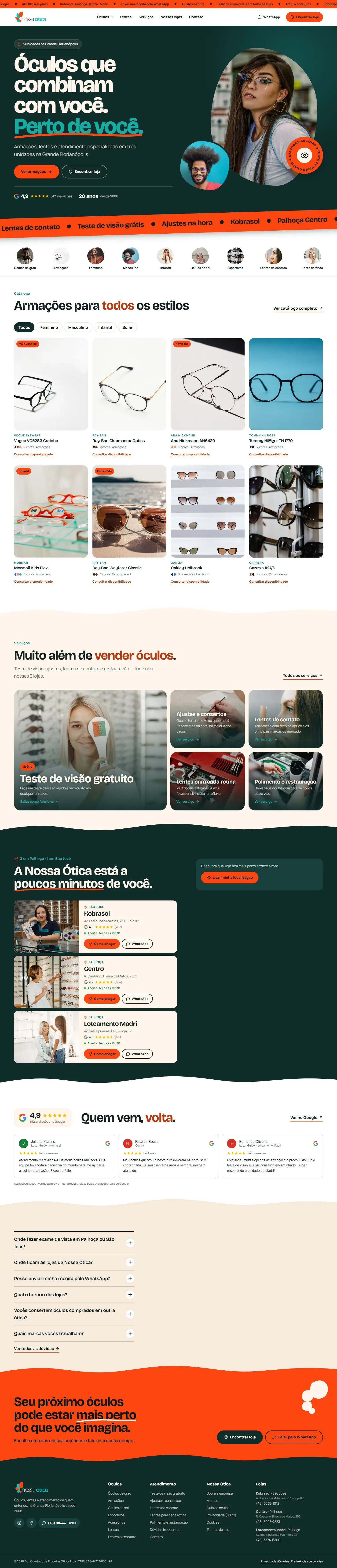 Página home completa do site Nossa Ótica, versão desktop
